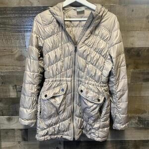 Athleta Puffer Winter Jacket Women's Size S Gray Hoodie Full Pockets